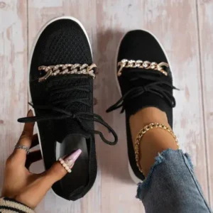 Techtreezone Women Fashion Round Toe Rhinestone Metal Decoration Lace-Up Mesh Sneakers