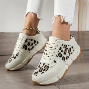 Techtreezone Women Fashion Round Toe Stitching Lace Up Low Top Leopard Sports Sneakers